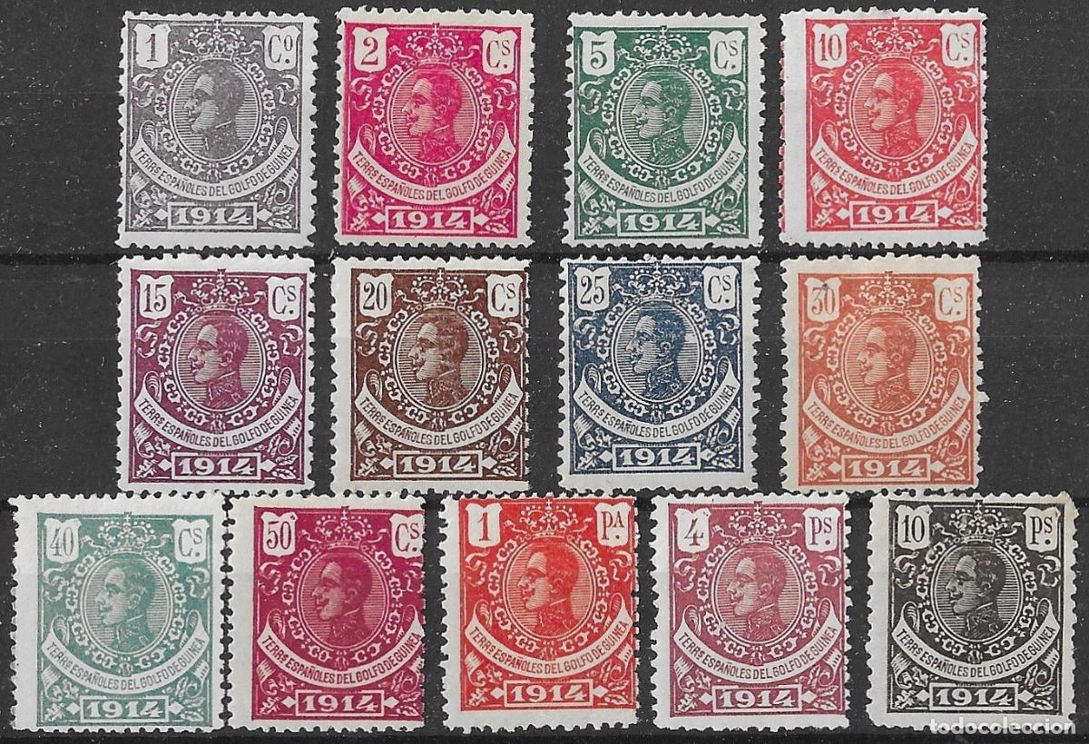 Sellos: 1914. Guinea Espa&ntilde;ola. Alfonso XIII. N&ordm; 98/110 Edifil. Serie completa con fijasello.