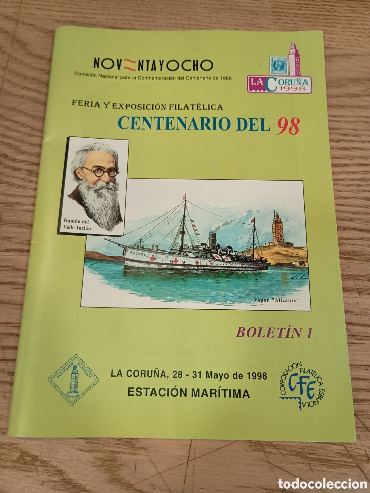 Sellos: ESPA&Ntilde;A - FERIA Y EXPOSICI&Oacute;N FILAT&Eacute;LICA CENTENARIO DEL 98, LA CORU&Ntilde;A - BOLET&Iacute;N 1