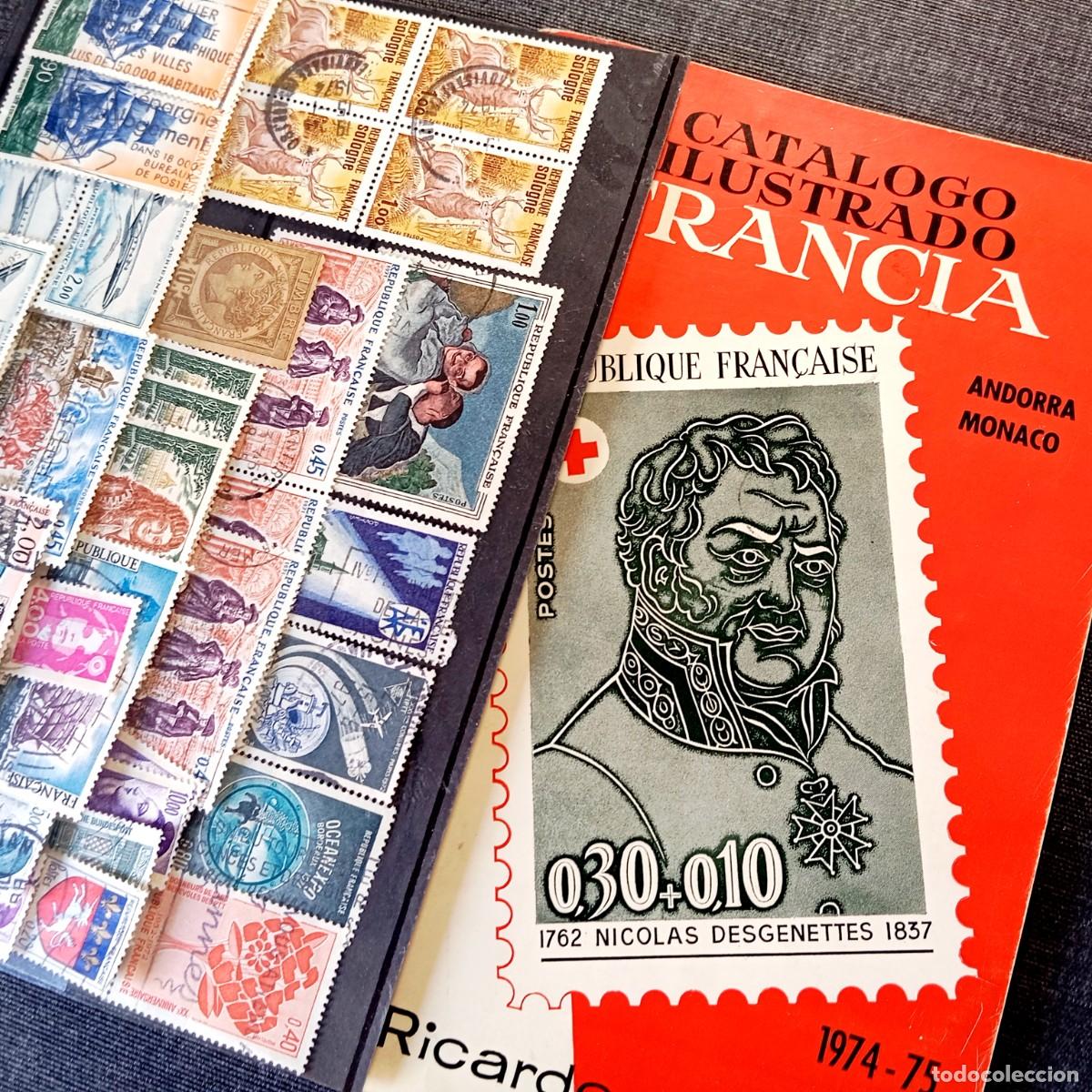 Sellos: ⚜️ K02. Lote Filatelia Francia: Cat&aacute;logo Yvert 1974 + Hoja Clasificadora con 38 Sellos
