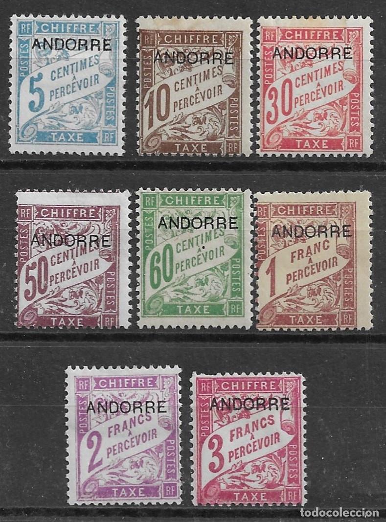 Sellos: 1931-32. Andorra Francesa. Tasas Sobrecarga. N&ordm;1-8 Yvert. Con Fijasello