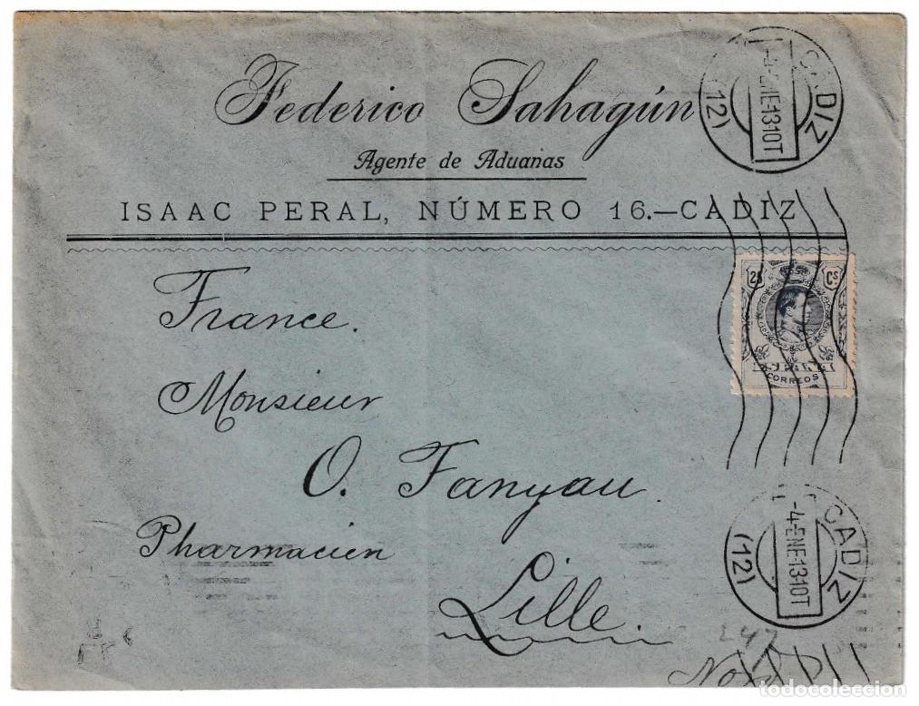 Sellos: 1913. Sobre de C&aacute;diz a Lille