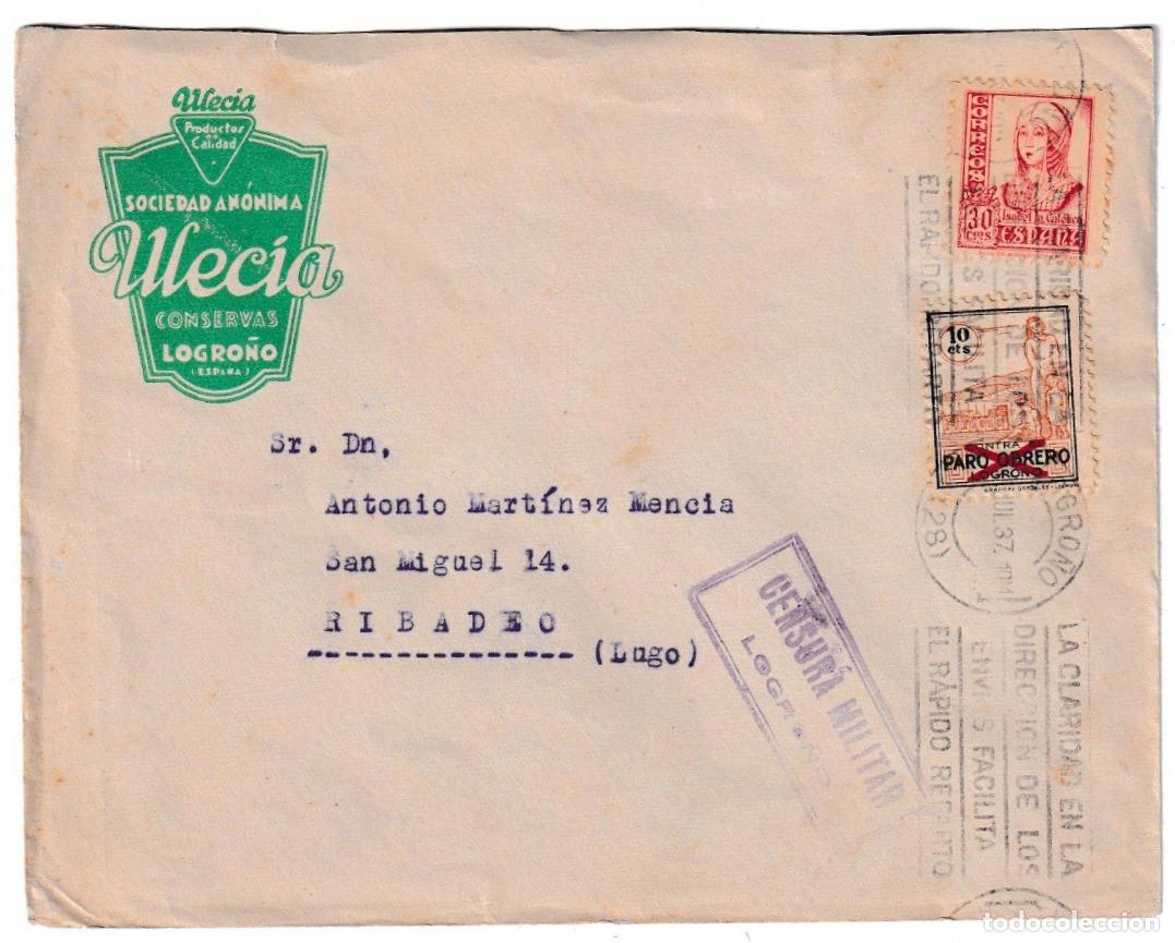 Sellos: 1937. Sobre ilustrado de Logro&ntilde;o a Ribadeo