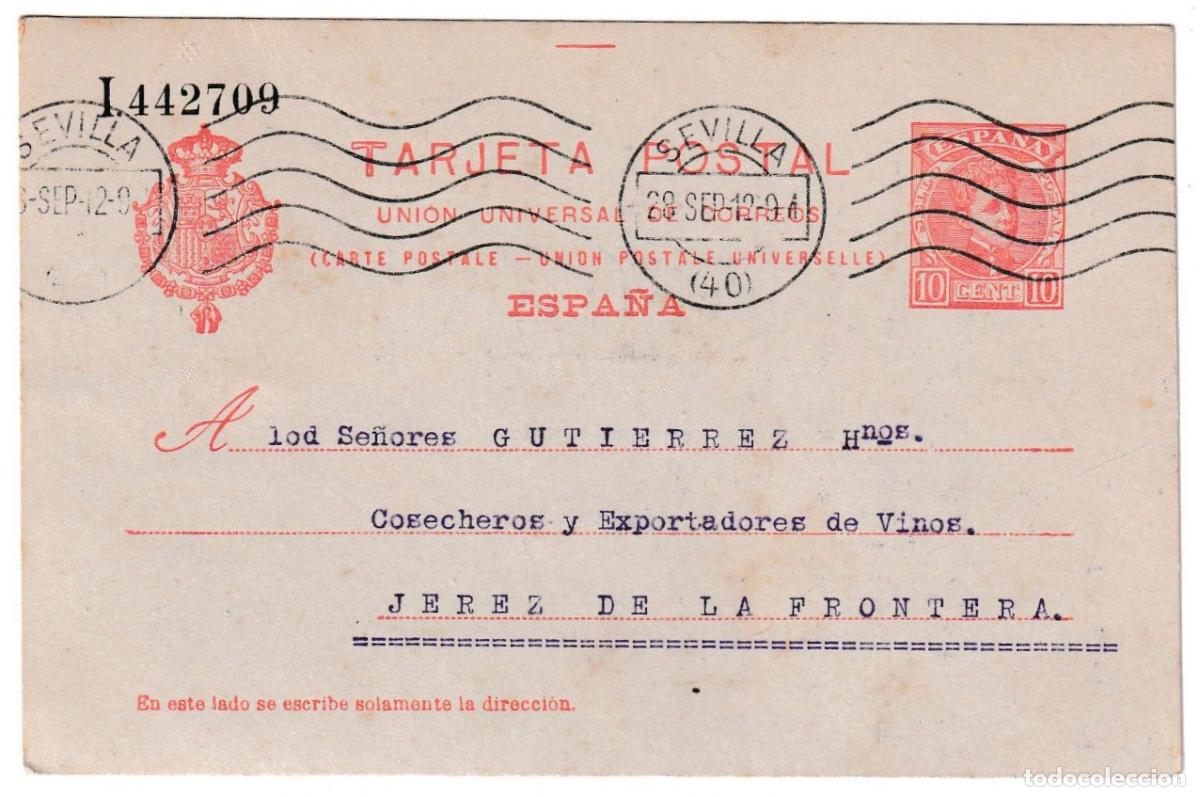 Sellos: 1912. Tarjeta Postal de Sevilla a Jerez de La Frontera