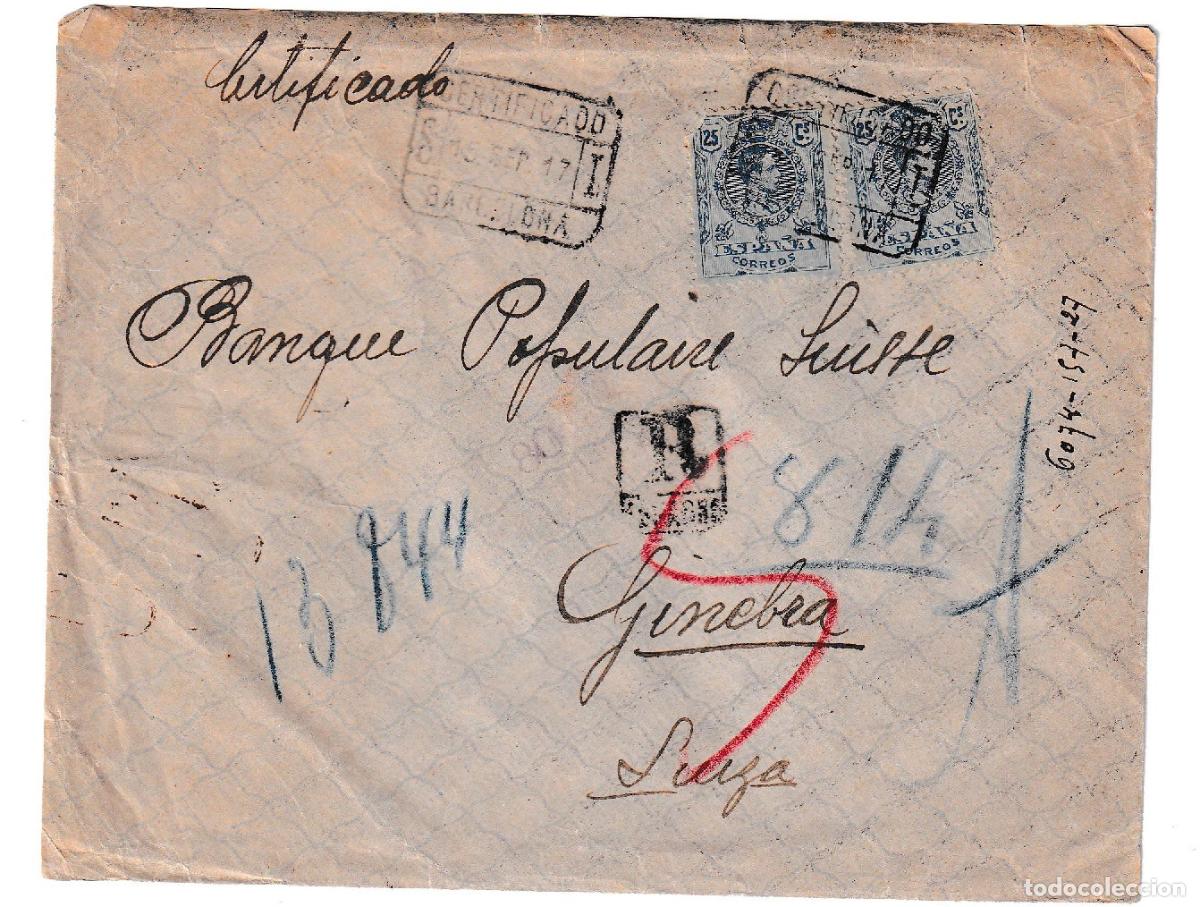 Sellos: 1917. Certificado de Barcelona a Ginebra