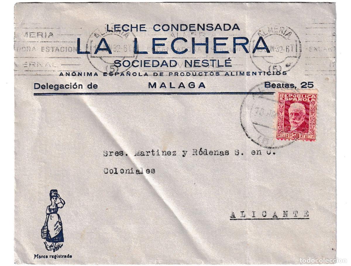 Sellos: 1932. Sobre publicitario de Nestl&eacute; &rdquo;Marca la Lechera&rdquo; de Almer&iacute;a a Alicante