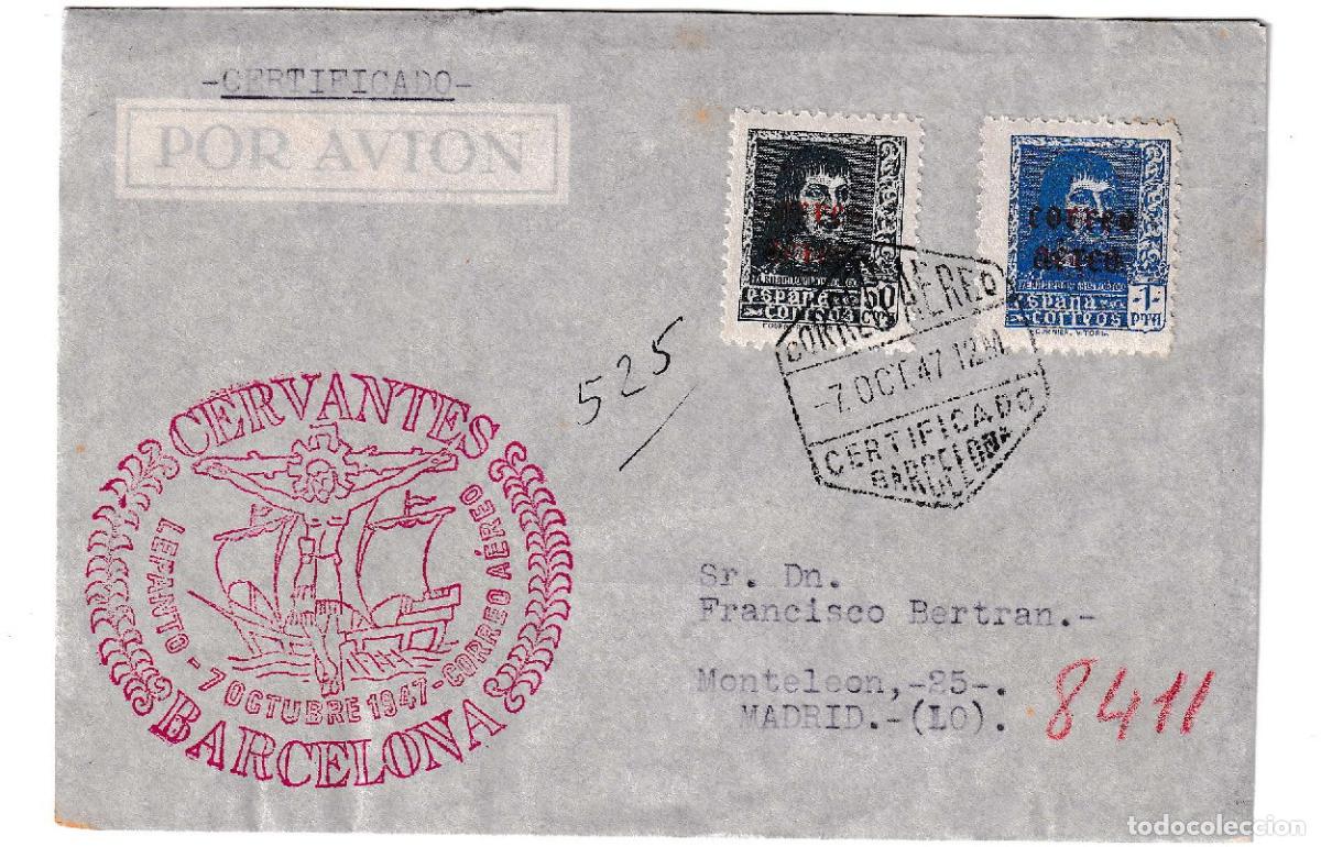 Sellos: 1947. Carta correo a&eacute;reo Barcelona a Madrid