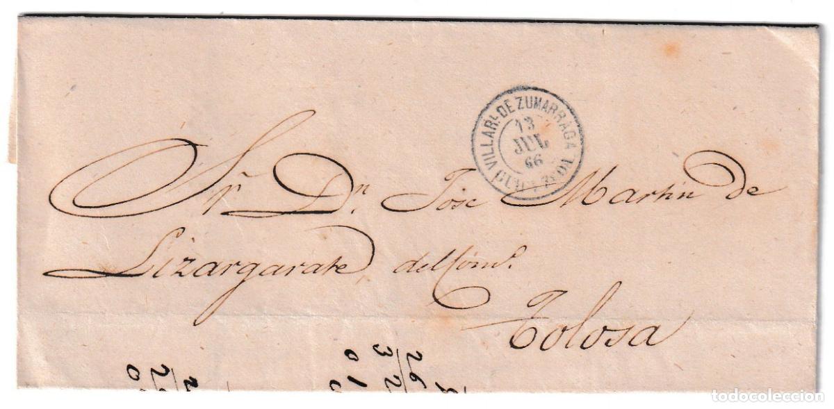 Sellos: 1866. Envuelta de Villar de Zum&aacute;rraga a Tolosa