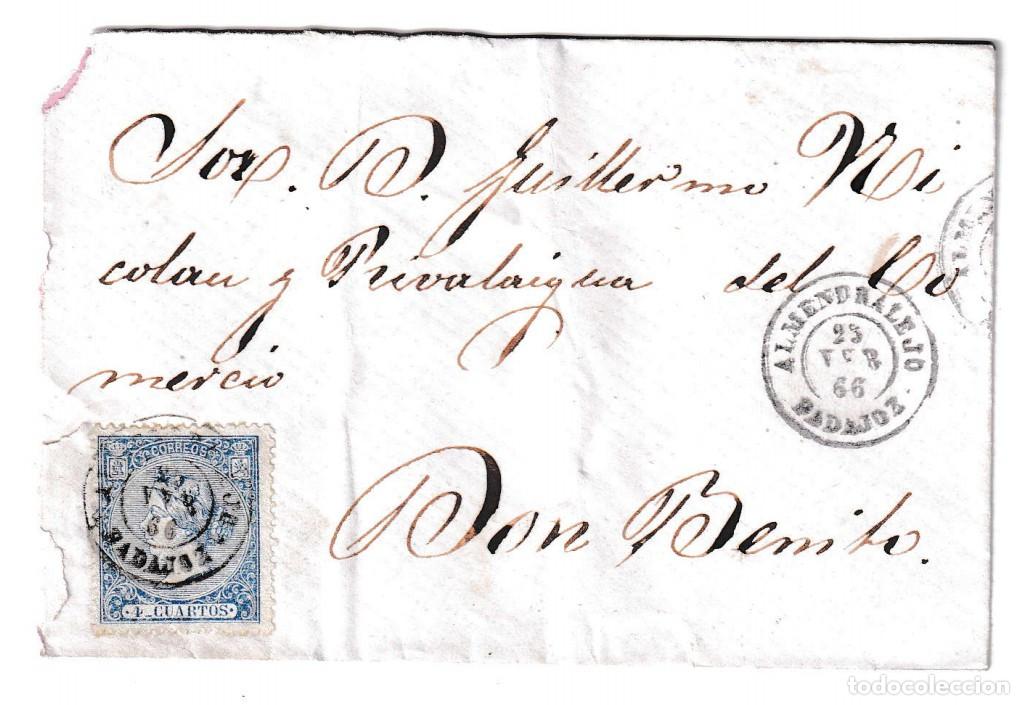 Sellos: 1866. Sobre de confecci&oacute;n mec&aacute;nica de Almendralejo a Don Benito