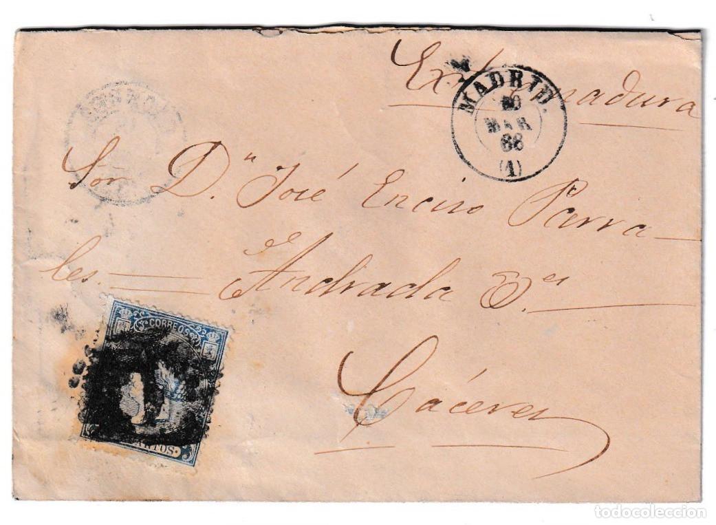 Sellos: 1866. Sobre de luto de Madrid a C&aacute;ceres