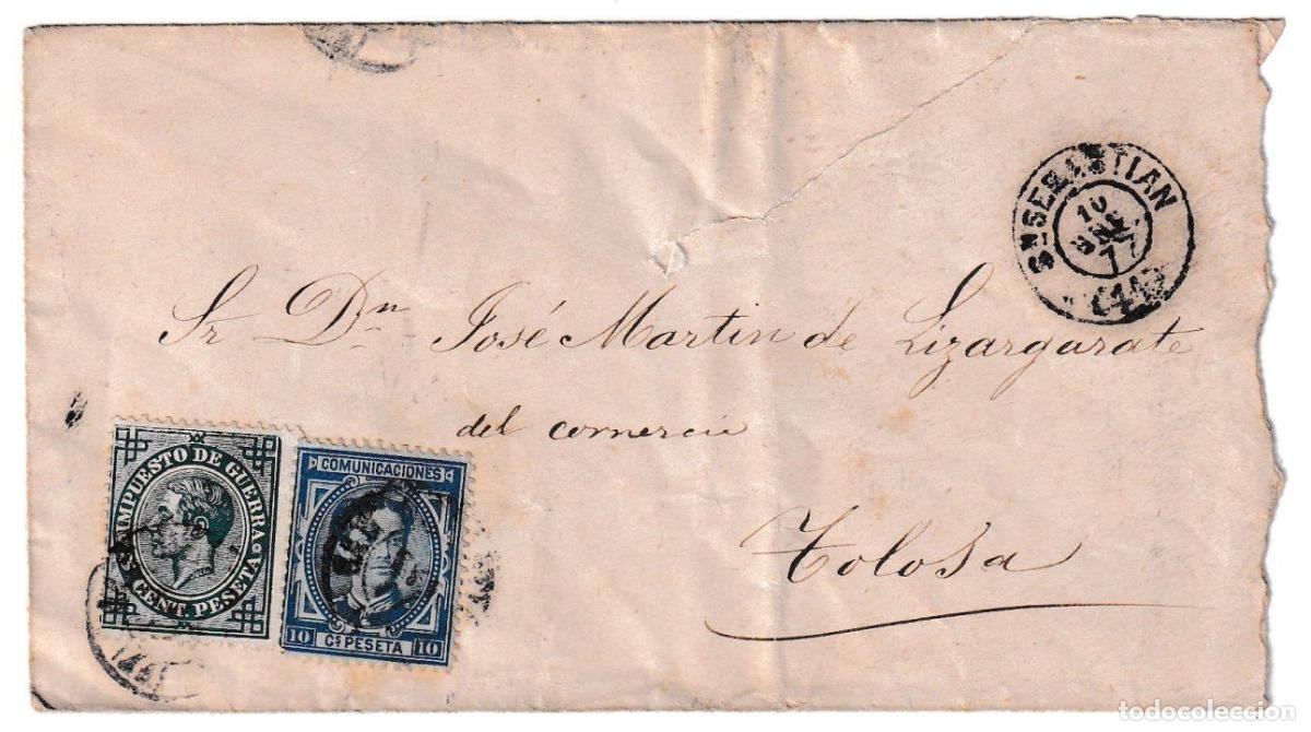 Sellos: 1877. Sobre de confecci&oacute;n mec&aacute;nica de San Sebastian a Tolosa