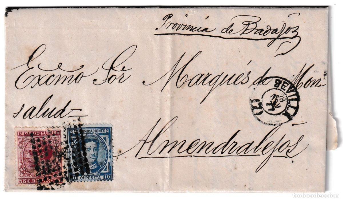 Sellos: 1877. Carta de Sevilla a Almendralejo