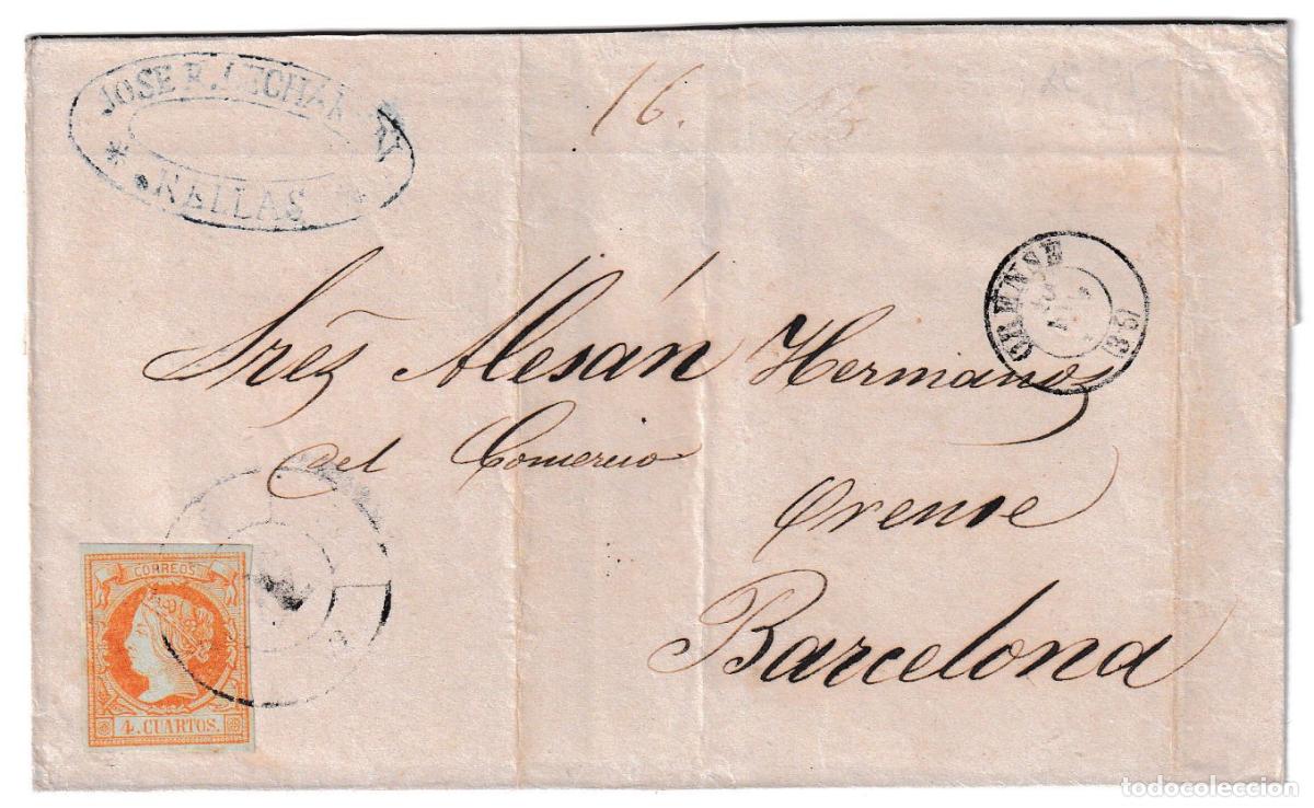 Sellos: 1860. Envuelta de Orense a Barcelona