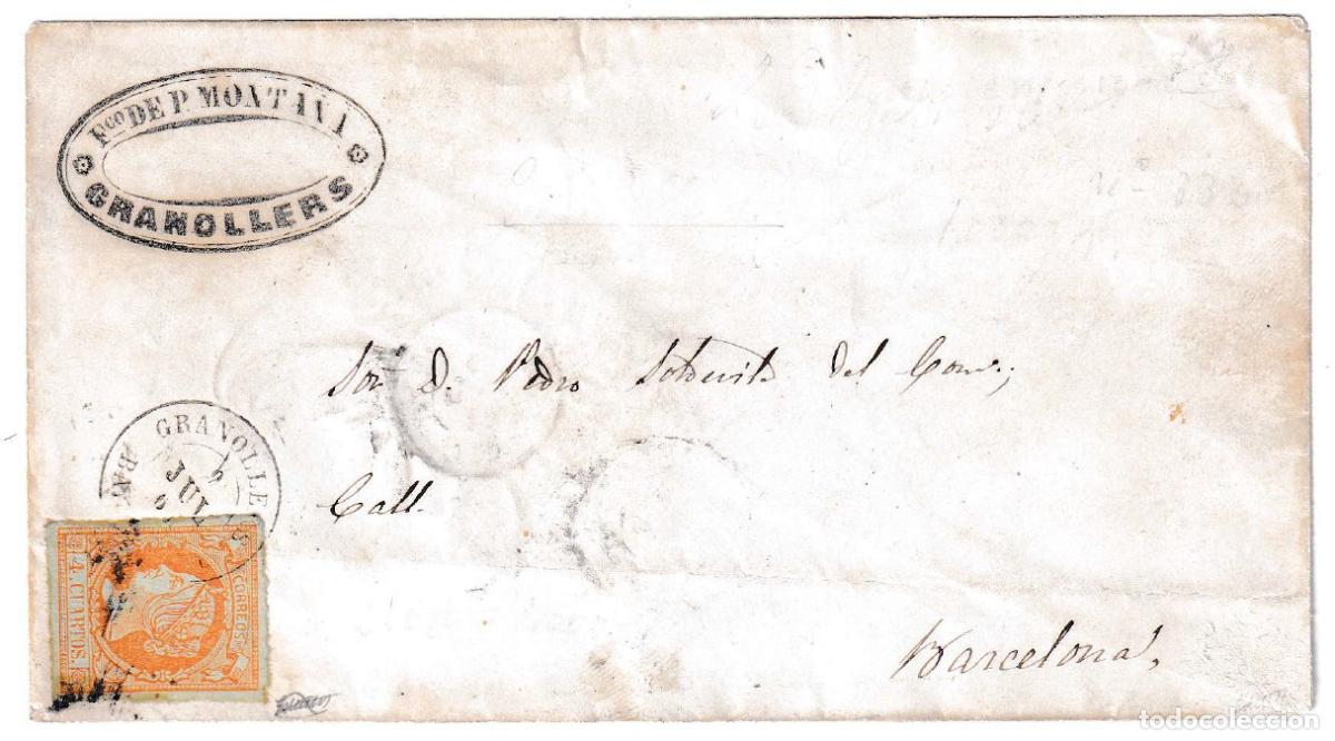 Sellos: 1861. Sobre de confecci&oacute;n mec&aacute;nica de Granollers a Barcelona
