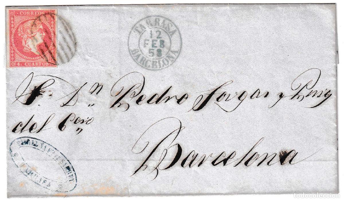 Sellos: 1858. Carta de Tarrasa a Barcelona