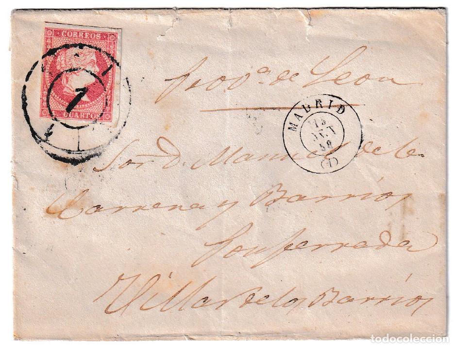 Sellos: 1858. Sobre de confecci&oacute;n manual de Madrid a Villar de los Barrios. Primera fecha Rueda de Carreta.