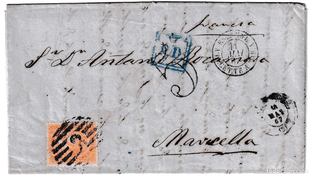 Sellos: 1867. Carta de Barcelona a Marsella (Francia)