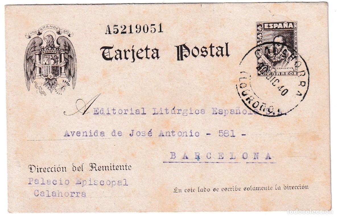 Sellos: 1940. Entero postal de Calahorra a Barcelona