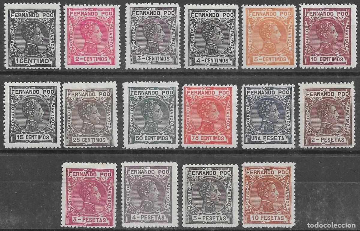 Sellos: 1907. Fernando Poo. Alfonso XIII. N&ordm; 152/67 Edifil. Serie completa con fijasello.
