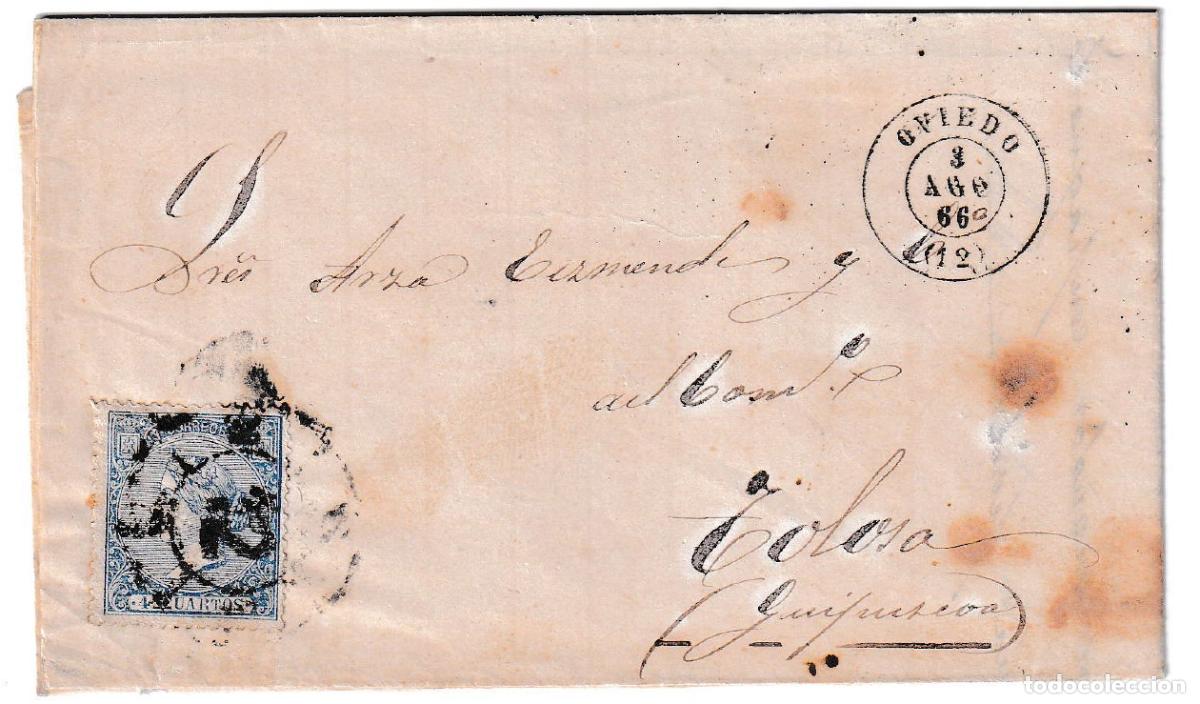 Sellos: 1866. Envuelta de Oviedo a Tolosa