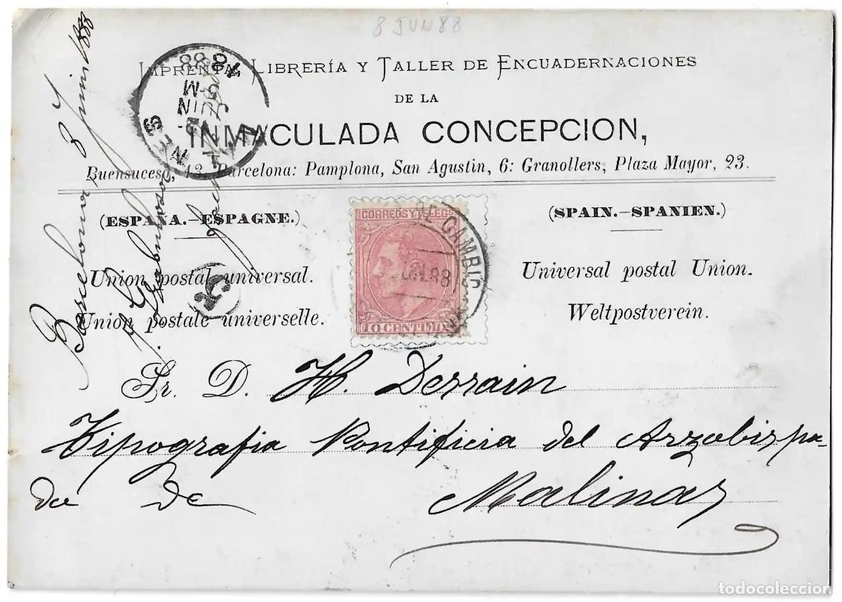 Sellos: 1888. Entero Postal privado desde Barcelona a Malinas (B&eacute;lgica).