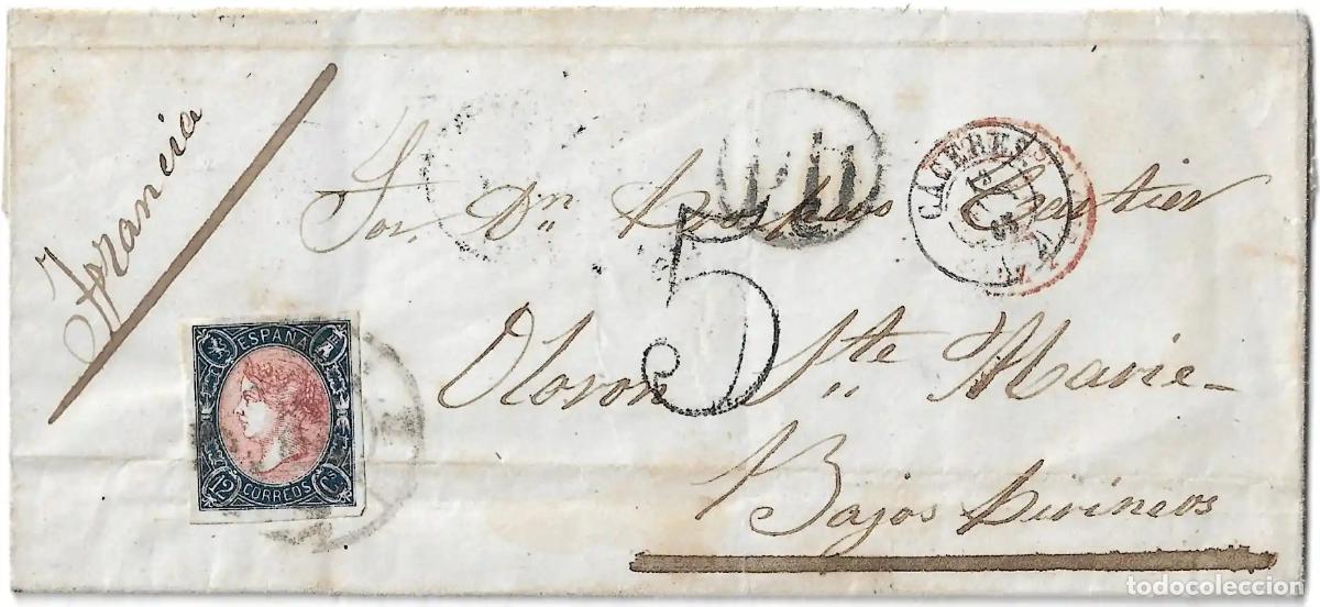 Sellos: 1865. Carta de C&aacute;ceres a Oloron Saint Marie. Rueda Carreta n&ordm;22 en negro.