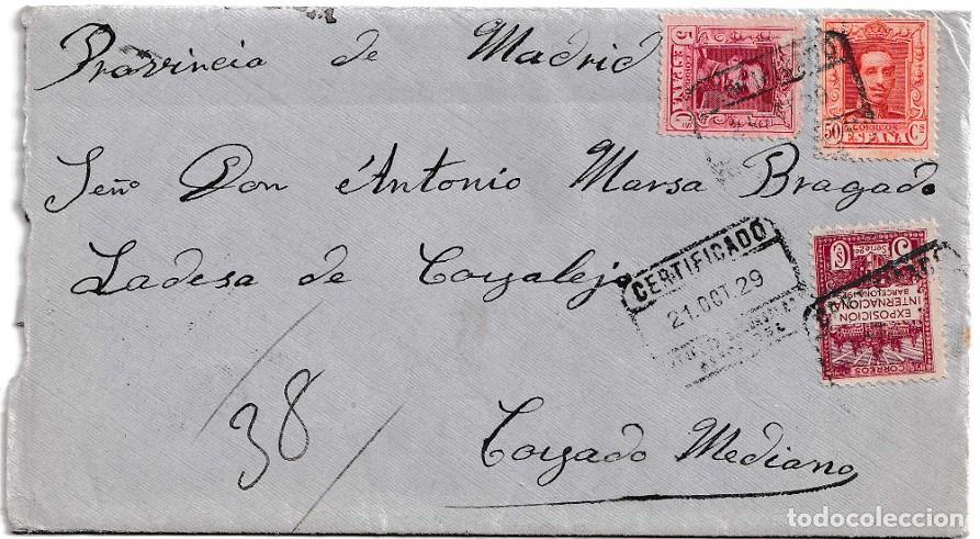 Sellos: 1929. Carta certificada completa dirigida a Collado Mediano