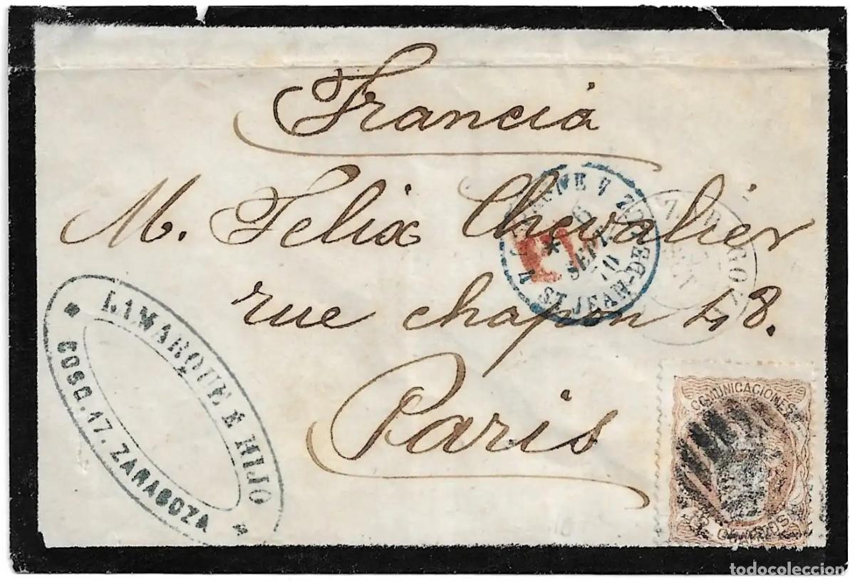 Timbres: 1870. Sobre de luto dirigido desde Zaragoza a Par&iacute;s.