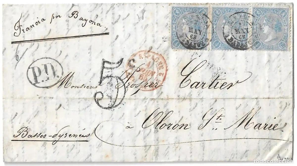 Sellos: 1865. Carta dirigida de M&eacute;rida &agrave; Oloron S. Marie (France).