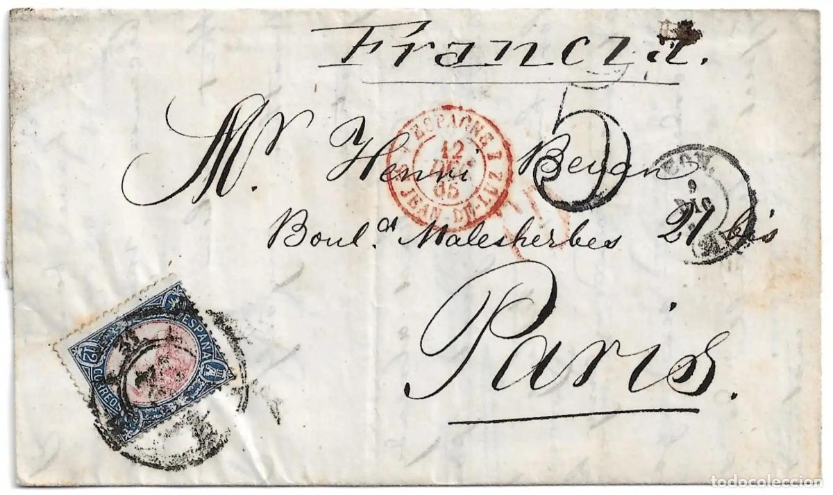 Sellos: 1865. Carta de Le&oacute;n a Paris. Rara Rueda Carreta Modificada n&ordm;31.