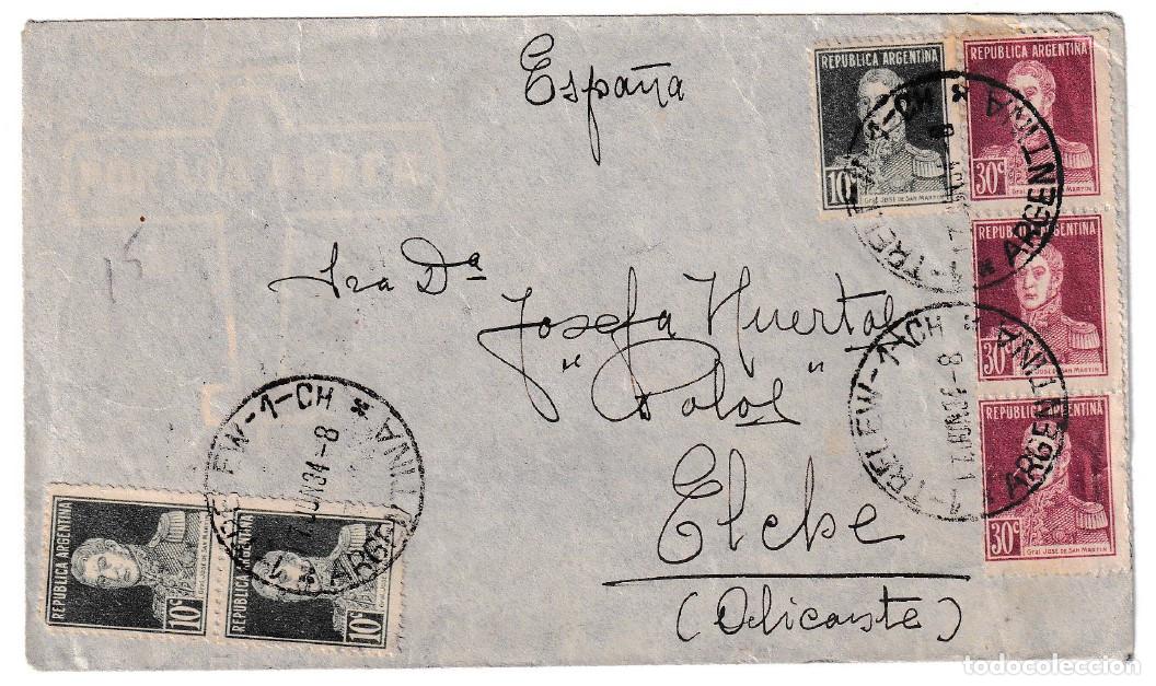 Sellos: 1934. Correo a&eacute;reo de Trelew (Argentina) a Elche (Alicante)