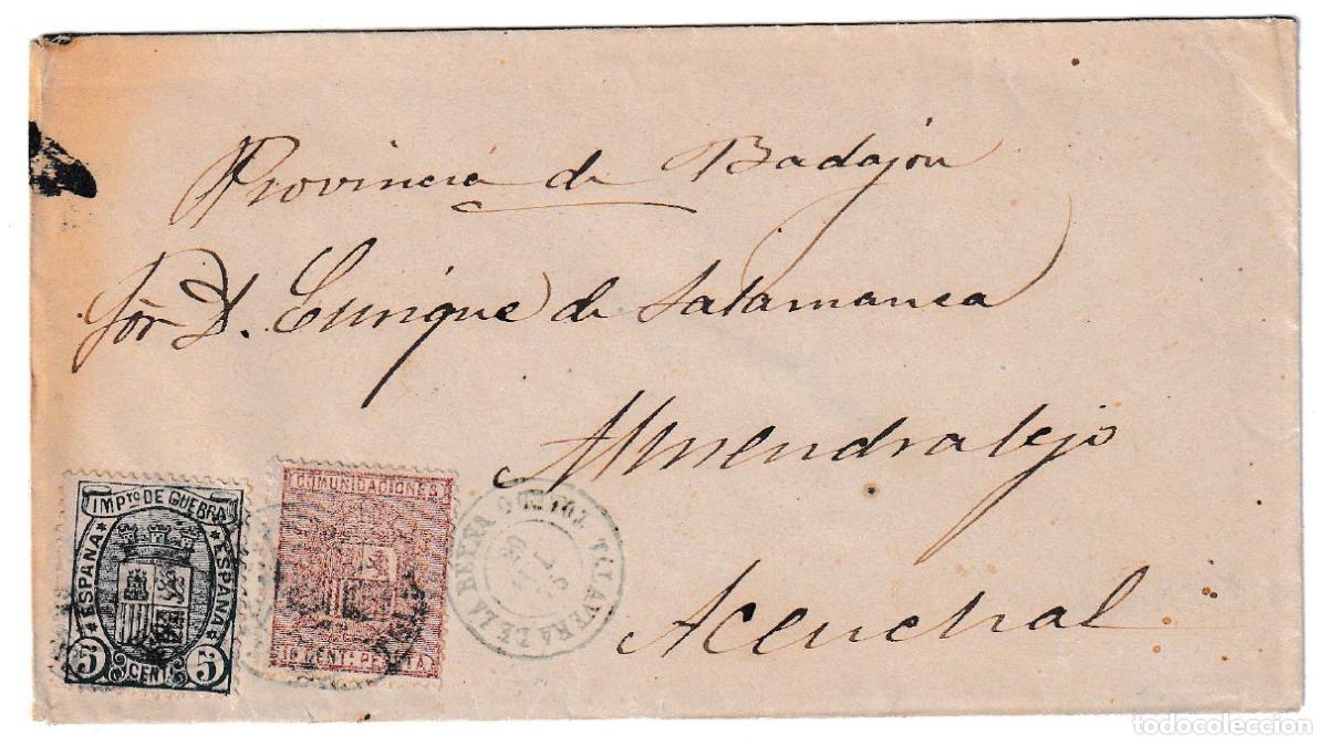 Sellos: 1875. Sobre completo de Talavera de la Reina a Almendralejo