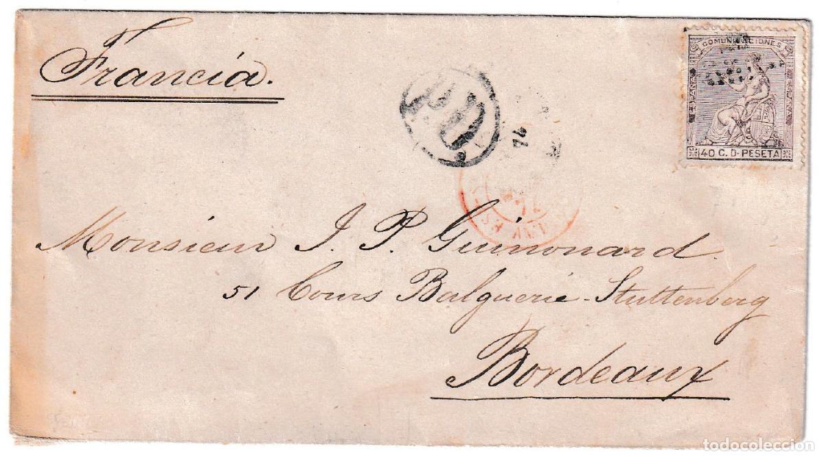 Sellos: 1874. Envuelta de Sevilla a Bordeaux (Francia)