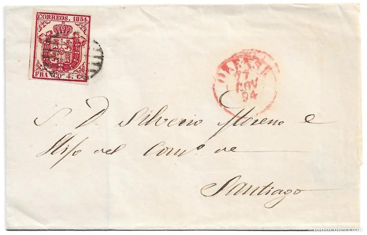 Sellos: 1854. Envuelta completa dirigida desde Orense a Santiago.