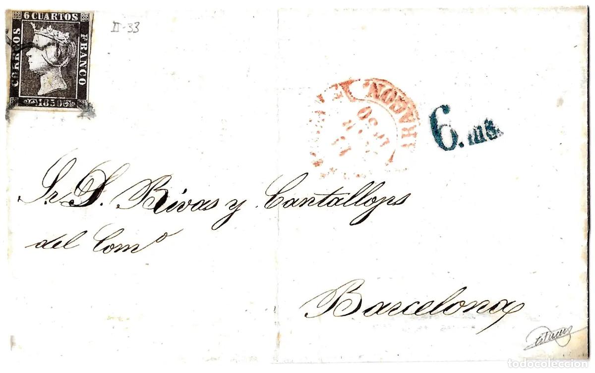 Sellos: 1850. Carta completa de Zaragoza a Barcelona. Matasello ara&ntilde;a azul.