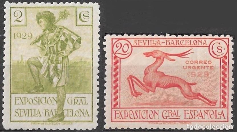 Sellos: 1929. N&ordm;434 y 447 Edifil. 2 y 20 Cts. Exposici&oacute;n Sevilla-Barcelona. Con fijasello. Preciosos.