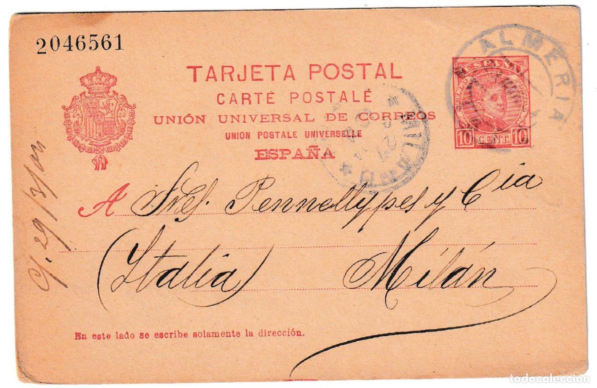 Sellos: 1904. Entero postal de Almer&iacute;a a Mil&aacute;n