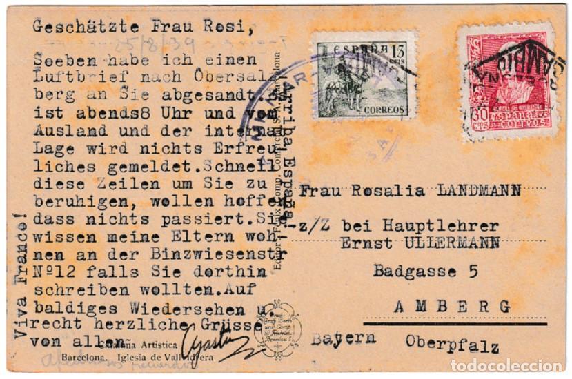 Sellos: 1939. Tarjeta Postal de Barcelona a Amberg. Censura Militar.