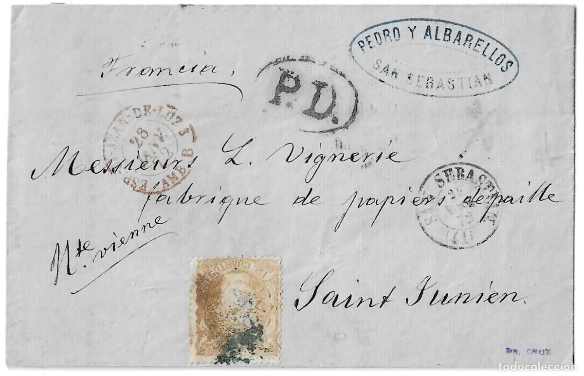 Sellos: 1872. Carta dirigida de San Sebasti&aacute;n a Saint Junien.