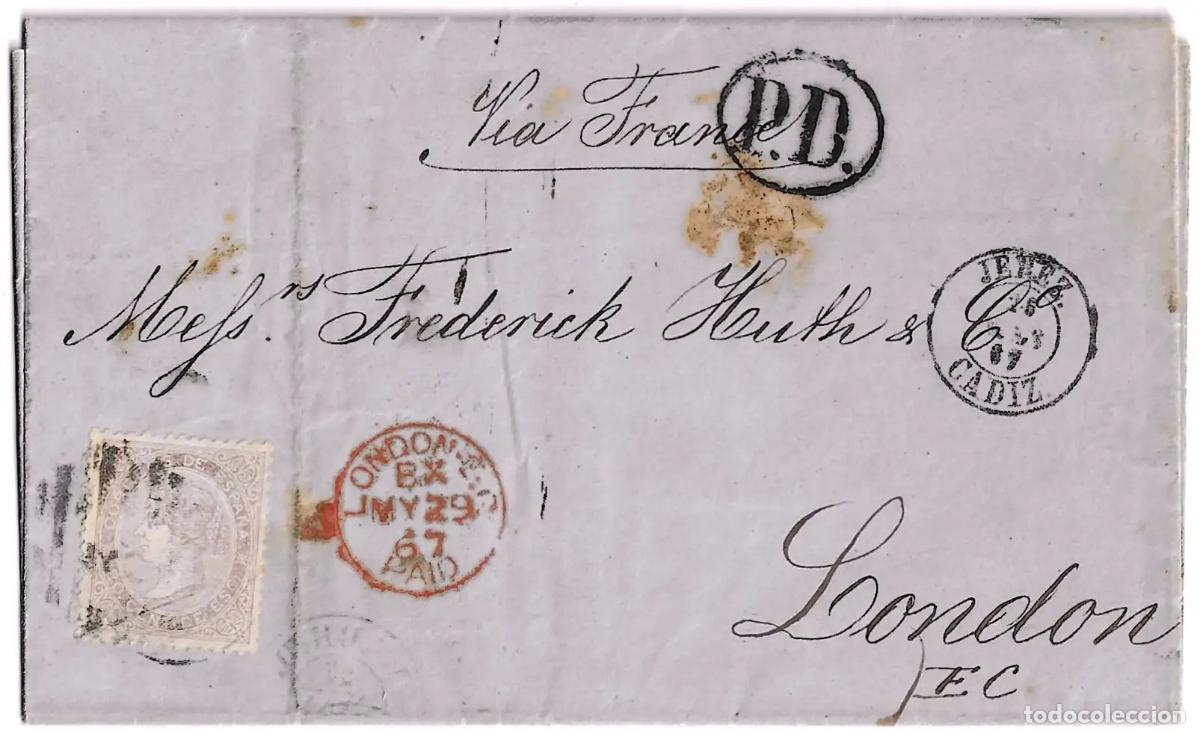 Sellos: 1867. Carta completa dirigida desde C&aacute;diz a Londres.