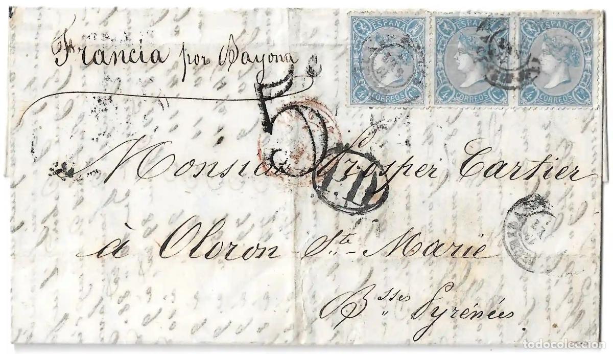 Sellos: 1865. Carta dirigida desde M&eacute;rida a Oloron S. Marie (Francia)