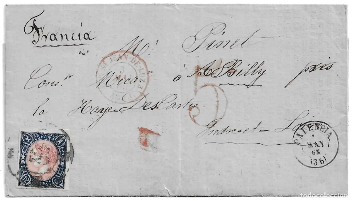 Sellos: 1865. Carta impresa de Palencia a Indre-et-Loire (Francia). R. Carreta n&ordm;36.