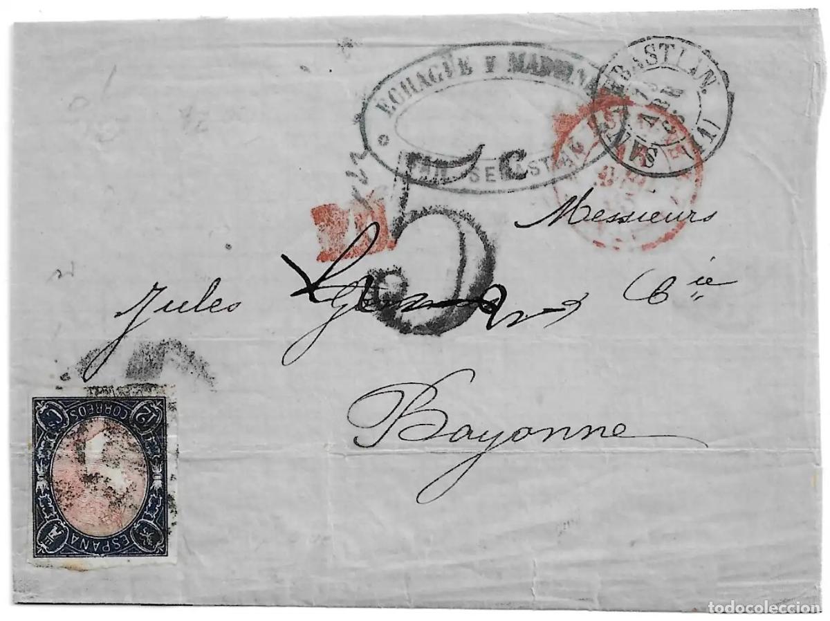 Sellos: 1865. Carta de San Sebasti&aacute;n a Bayonne. Rueda Carreta n&ordm;41 en negro.