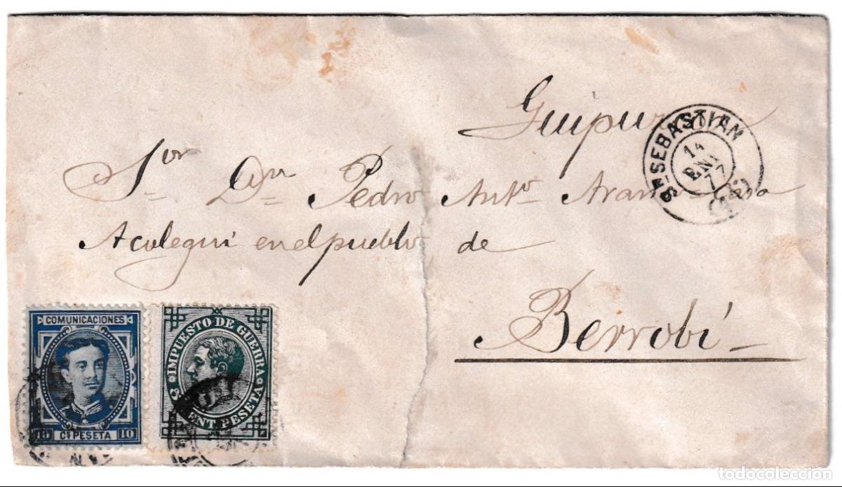 Sellos: 1877. Sobre de confecci&oacute;n mec&aacute;nica de San Sebastian a Berrobi