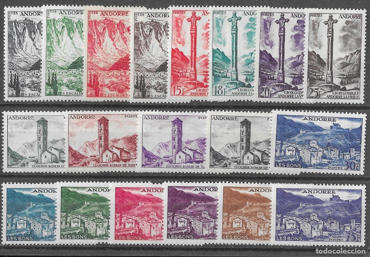Sellos: 1955-58. Andorra. Paisajes y Monumentos. N&ordm;142-160 Yvert. Lujo. Con Fijasello