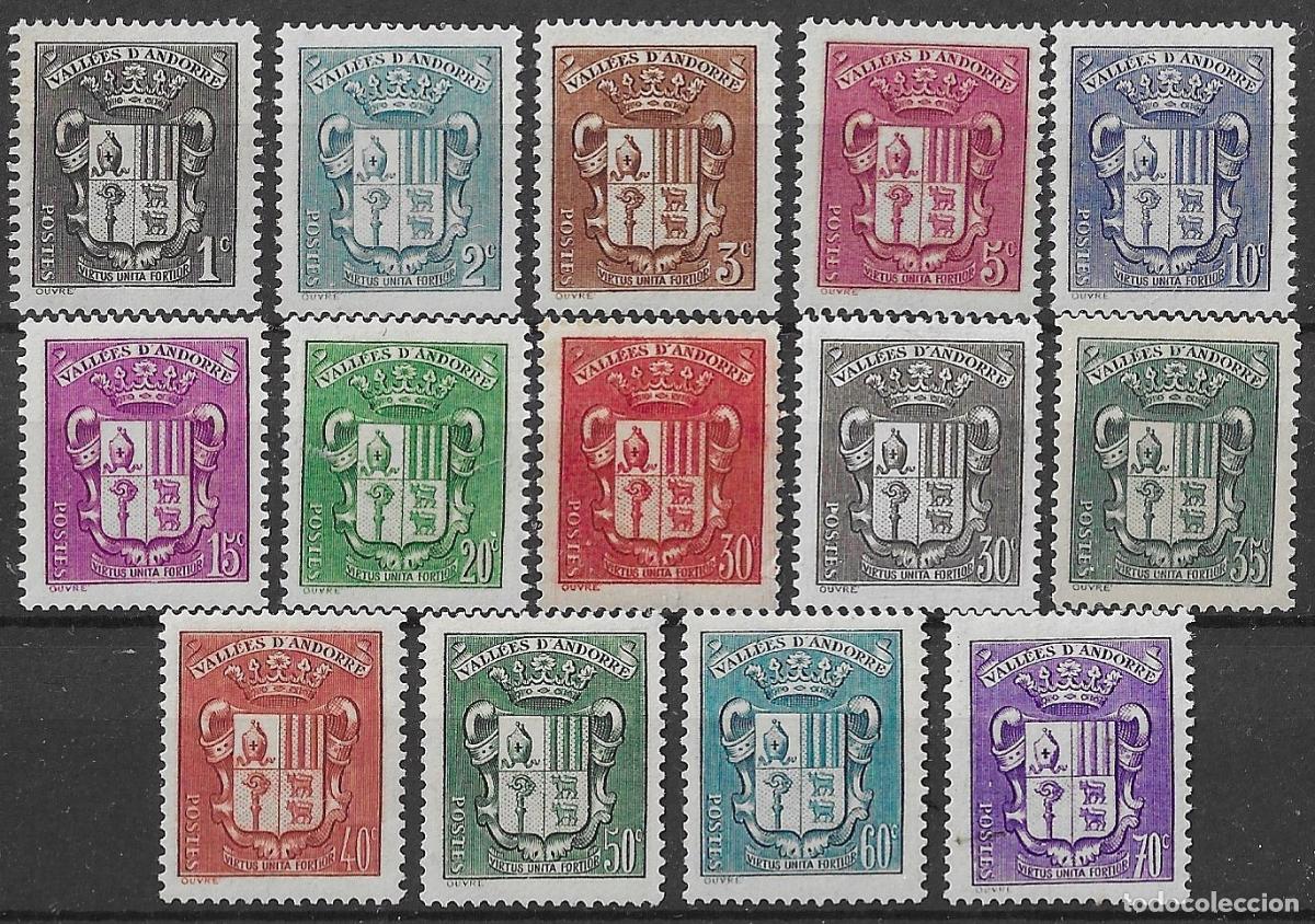 Selos: 1936-43. Escudo Andorra. N&ordm;47-60. Yvert. Lujo. Con Fijasello