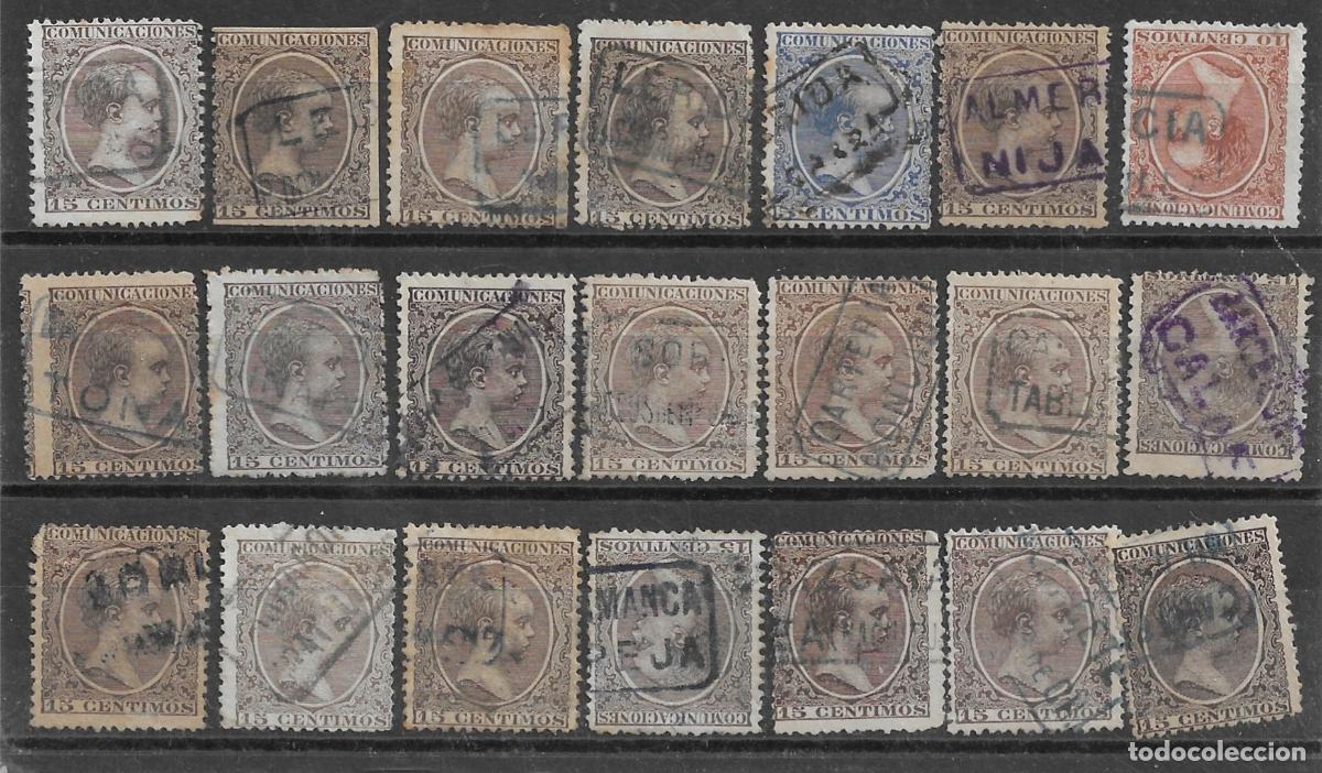 Selos: 1889. ALFONSO XIII &rdquo;PEL&Oacute;N&rdquo;. GRUPO DE 21 SELLOS CON MATASELLOS DE CARTERIA.