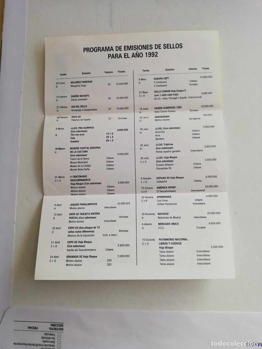 Sellos: TRIPTICO EMISIONES DE SELLOS A&Ntilde;O 1992 - Foto 2
