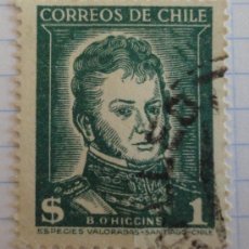 Sellos: SEELO DE CHILE. 1 $. VERDE. B. O. HIGGINS. MATASELLADO.