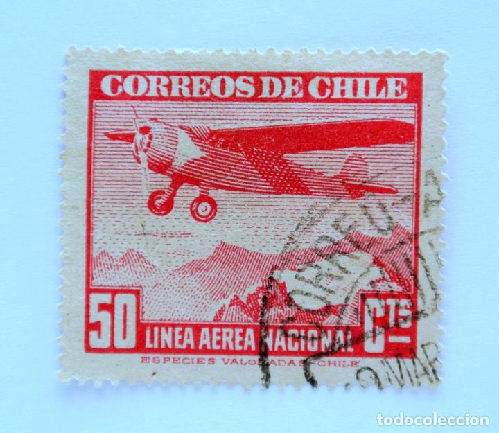 Sellos: Sello Postal CHILE 1943 , 50 centavos, LAN, Avión monomotor Sobrevolando las montañas