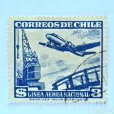 Sellos: SELLO POSTAL ANTIGUO CHILE 1951 3 PESOS AVION Y GRUA LINEA AEREA NACIONAL CHILENA LAN